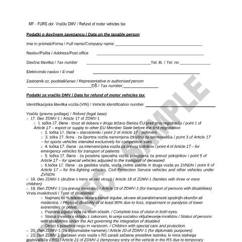 Document preview: Vračilo davka na motorna vozila: Izpolnite obrazec DMV-V — Davki & obdavčitev (CERFA n°DMV-V)