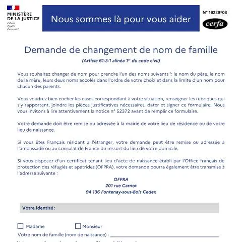 Aperçu du document Formulaire 16229*03 : procédure de modification du nom de famille — État civil & identité (CERFA n°16229*03)