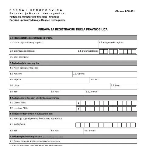 Document preview: Prijava za registraciju dijela pravnog lica - Obrazac POR-501 — Porezi i fiskalnost (CERFA n°POR-501)