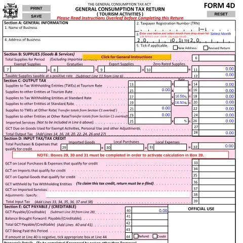Document preview: Understanding the Jamaica GCT Return Form 4D for Tourism Tax — Government & admin (CERFA n°4d_ver_1_5_feb2015_save)