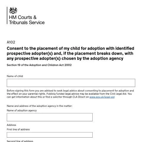 Document preview: Understanding the UK Adoption Consent Form A102 — Legal & justice