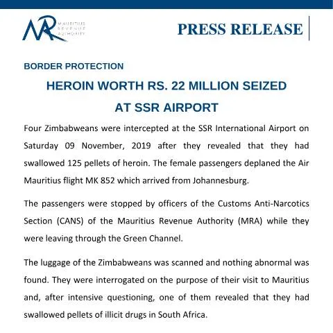 Document preview: Significant Heroin Seizure at SSR Airport Highlights Drug Trafficking — Government & admin (PressRelease051219)