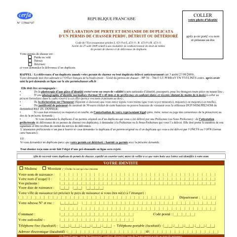 Aperçu du document Comment obtenir un duplicata de permis de chasser détérioré — Juridique & justice (CERFA n°13944*07)
