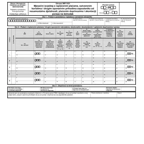 Document preview: Važnost MJESEČNIH IZVJEŠTAJA MIP-1023 u Bosni i Hercegovini — Porezi i fiskalnost (CERFA n°MIP-1023)