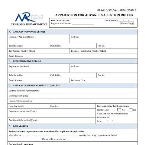Document preview: Essential Insights on the Advance Valuation Ruling Application — Government & admin (AdvanceValuationRuling)