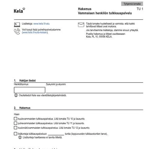 Document preview: Vammaisten tulkkauspalvelut ja niiden merkitys — Tuet & sosiaalietuudet (CERFA n°Kela TU 1)