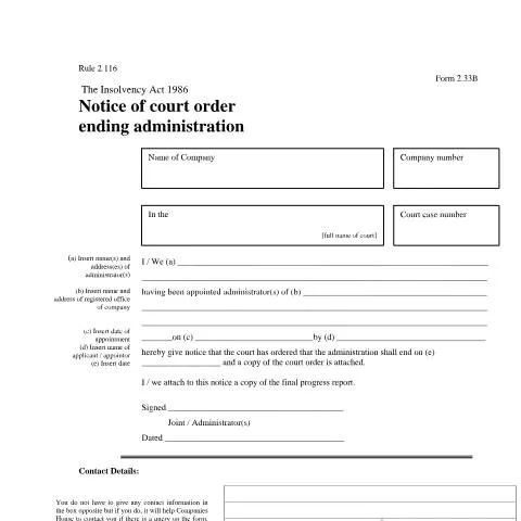 Document preview: Formal Notification of Court Ending Administration (2.33B) — Government & admin