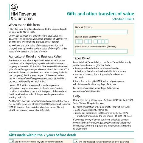 Document preview: How to Complete IHT403: Lifetime Gifts and Transfer Declarations — Taxes