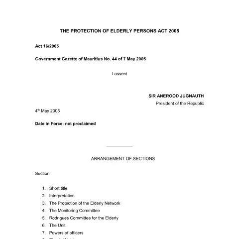 Document preview: Understanding the Protection of Elderly Persons Act 2005 in Mauritius — Health (CERFA n°THE-PROTECTION-OF-ELDERLY-PERSONS-ACT-2005)