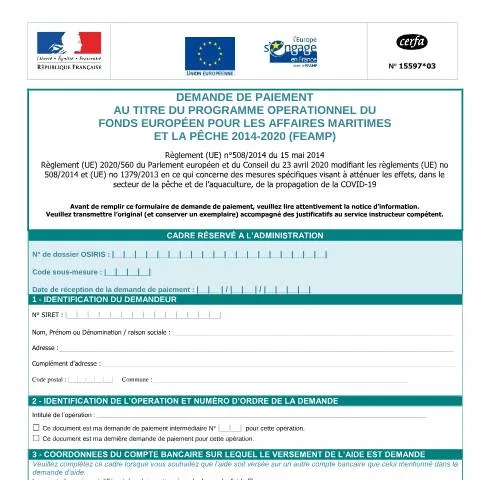 Aperçu du document Comment obtenir le versement de votre subvention FEAMP ? — Démarches administratives (CERFA n°15597*03)