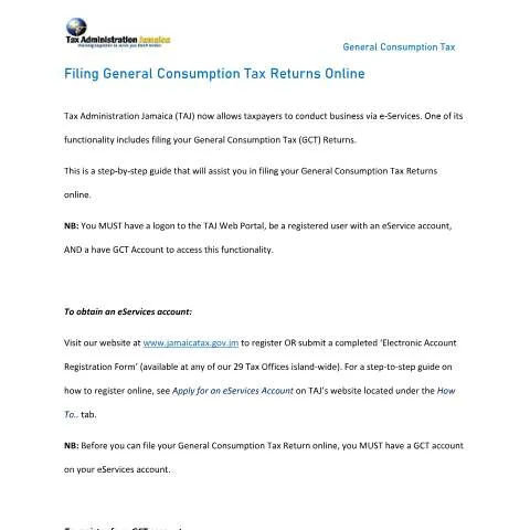 Document preview: Online GCT Filing Guide for Jamaica — Taxes (CERFA n°guide---filing-general-consumption-tax-online)