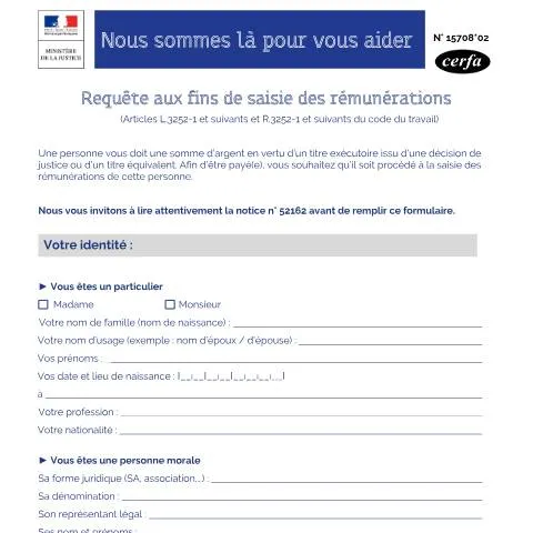Aperçu du document Comment demander une saisie des rémunérations : guide complet — Démarches administratives (CERFA n°15708*02)