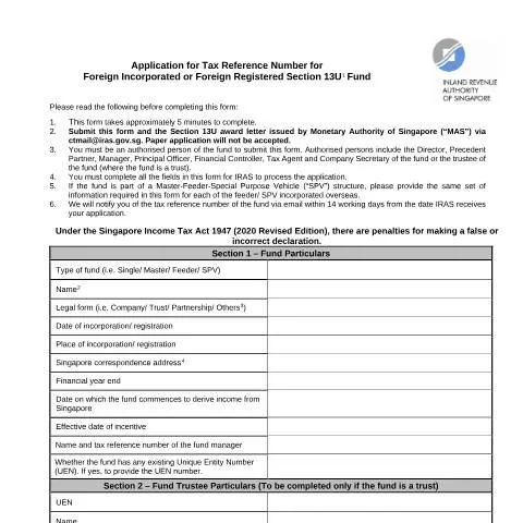 Document preview: Guide to Applying for a Tax Reference Number for Foreign Funds in — Government & admin (CERFA n°APPLICATION-FOR-TAX-REFERENCE-NUMBER-FOR-FOREIGN-INCORPORATED-OR-FOREIGN-REGISTERED-SECTION-13U-FUND)