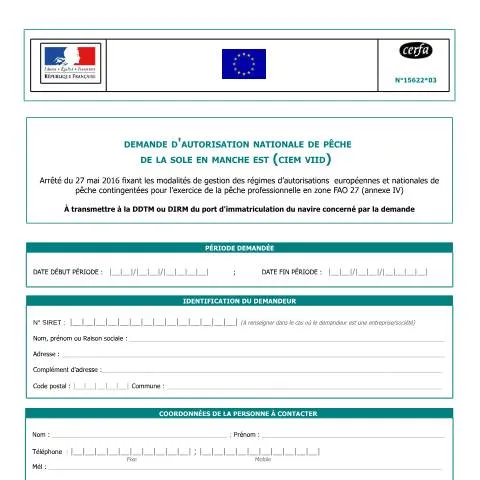 Aperçu du document Autorisation de pêche à la sole en Manche orientale : guide complet — Démarches administratives (CERFA n°15622*03)
