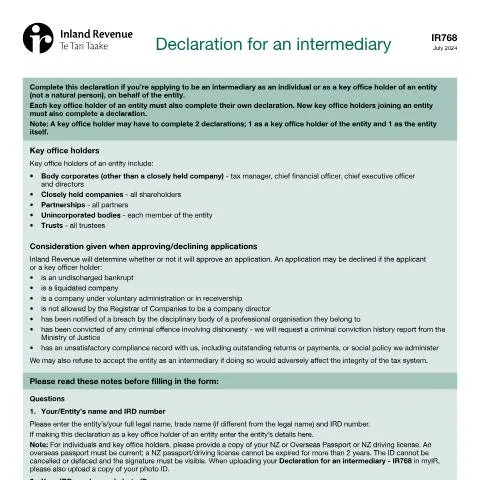 Document preview: Navigating the IR768 2024 for Intermediaries in New Zealand — Taxes (CERFA n°IR768)