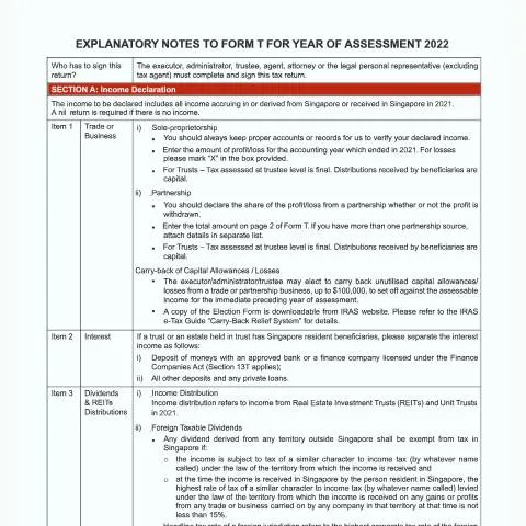 Document preview: Understanding the Explanatory Notes to Form T for 2022 in Singapore — Taxes (CERFA n°EXPLANATORY-NOTES-TO-FORM-T-FOR-YEAR-OF-ASSESSMENT-2022)