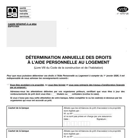 Aperçu du document Déclaration annuelle allocation logement MSA : guide du formulaire — Aides & prestations sociales (CERFA n°10757*26)