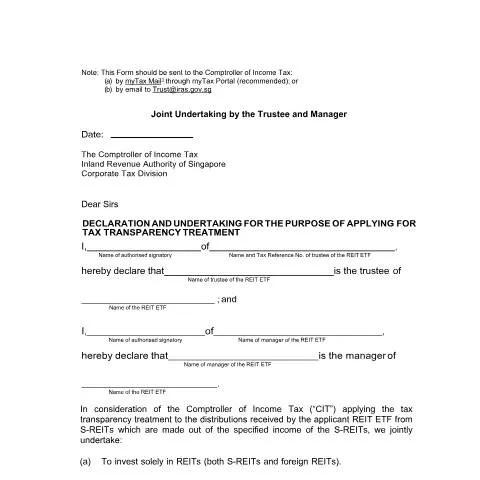 Document preview: Understanding IRAS Joint Undertaking Form for REIT ETF Tax — Taxes (CERFA n°REIT-ETF---JOINT-UNDERTAKING-BY-TRUSTEE-AND-MANAGER_11-JUL-2019_SIGNED)