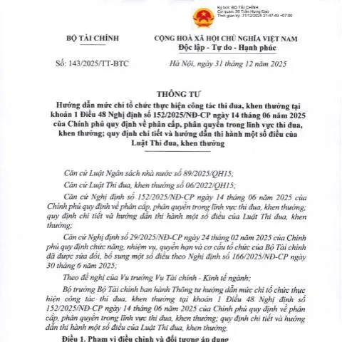 Document preview: Thông tư 143/2025/TT-BTC: Hướng Dẫn Công Tác Khen Thưởng Tại Việt Nam — Thuế & tài chính (CERFA n°143/2025/TT-BTC)