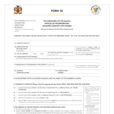 Document preview: Understanding Form 1D for Business Incorporation in Jamaica — Government & admin (CERFA n°FORM_1D_18092023)