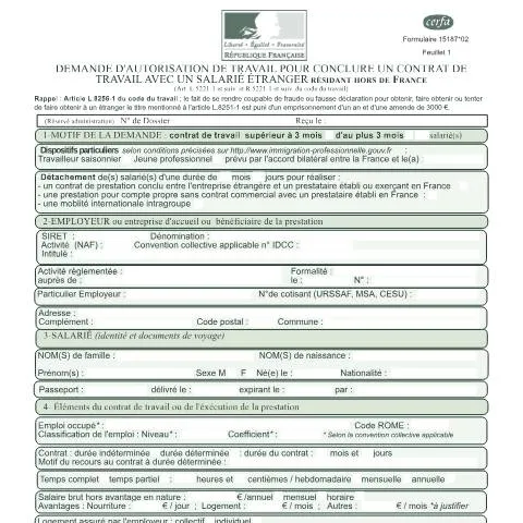 Aperçu du document Demande d'autorisation de travail pour salarié étranger hors France — Démarches administratives (CERFA n°15187*02)