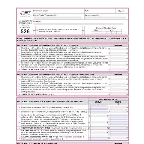 Vista previa del documento Formulario 526 IDU: Declaraciones en Paraguay — Impuestos (CERFA n°F526)