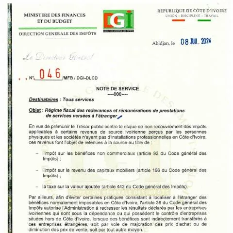 Aperçu du document Comprendre la Note de Service 0046 0001 en Côte d'Ivoire — Démarches administratives