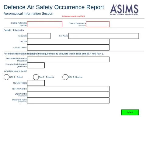 Document preview: Defence Air Safety Occurrence Report Forms: UK Military Standards — Government & admin