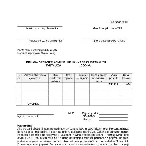 Document preview: Osnovne informacije o prijavi komunalne takse — Porezi i fiskalnost (CERFA n°PKT-ZHK)