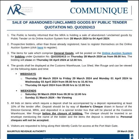 Document preview: Public Tender Sale of Abandoned and Unclaimed Goods in Mauritius — Government & admin (CommuniqueQuo202413)