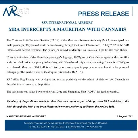 Document preview: MRA's Action Against Drug Smuggling at SSR Airport — Government & admin (PressRelease020822)