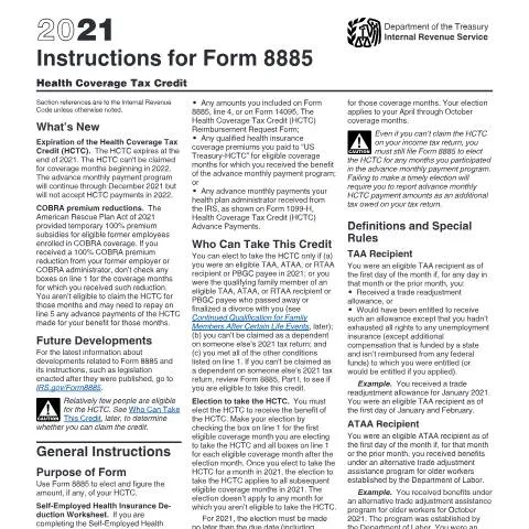 Document preview: Mastering IRS Form 8885 for Health Coverage Tax Credit — Taxes (CERFA n°INST-8885)