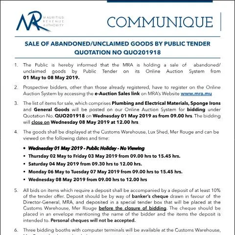 Document preview: Understanding the Public Tender for Unclaimed Goods — Government & admin (CERFA n°Communique18of2019)