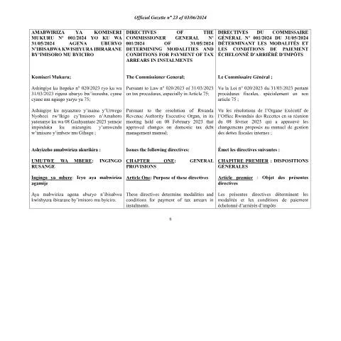 Document preview: Understanding Rwanda's New Tax Arrears Installment Regulations — Taxes (CERFA n°Official_Gazette_No23_of_03.06.2024_About_Paying_tax_arrears_in_instalments-6-12)