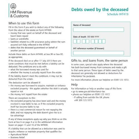 Document preview: How to Complete IHT419: Estate Debts and Inheritance Tax Deductions — Taxes
