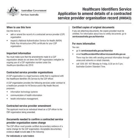 Document preview: Amend Your Organisation's Details with HI Service HW043 — Health (CERFA n°HW043)