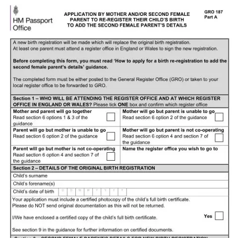 Document preview: Re-register a Child's Birth with Second Female Parent — Civil status & identity (GRO 187)