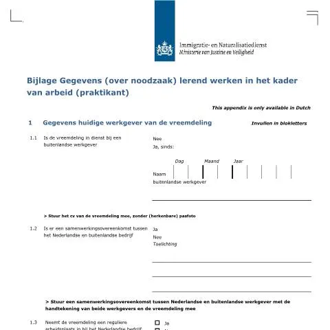 Documentvoorvertoning: Essentie van het Bijlage Gegevens Formulier voor Stagiaires — Immigratie & visa (CERFA n°7136)