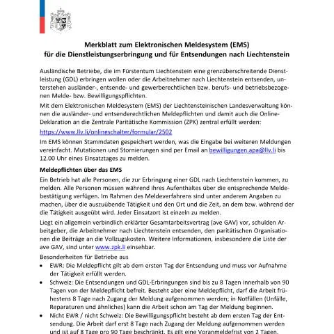 Dokumentvorschau: Einführung in das elektronische Meldesystem (EMS) für Liechtenstein — Behörden & Verwaltung (CERFA n°merkblatt-ems)