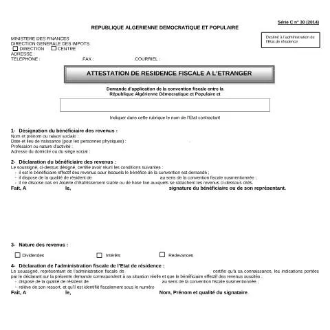 Aperçu du document Comprendre l'Attestation de Résidence Fiscale à l'Étranger — Impôts & fiscalité (CERFA n°CFIC30FR Attestation de residence fiscal a l etranger)