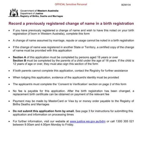 Document preview: How to Update Your Birth Registration with a Name Change in Western — Civil status & identity (BDM104)