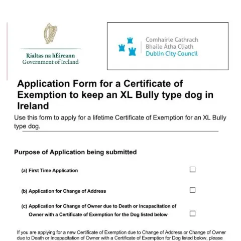 Document preview: Application for XL Bully Dog Exemption Certificate in Ireland — Government & admin