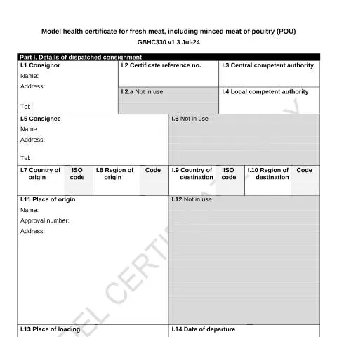 Document preview: UK Poultry Meat Export Certification: GBHC330 Requirements — Health