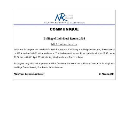 Document preview: Mauritius Revenue Authority E-Filing Support Services — Government & admin (CERFA n°HotlineCommunique)