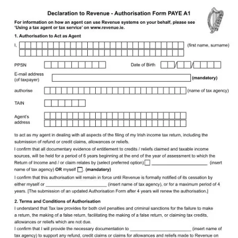 Document preview: Complete the PAYE A1 Declaration to Revenue Authorisation Form — Taxes (PAYE A1)