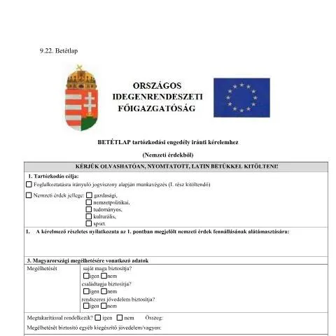 Document preview: Tartózkodási engedély iránti kérelem nemzeti érdekből — Bevándorlás & vízumok