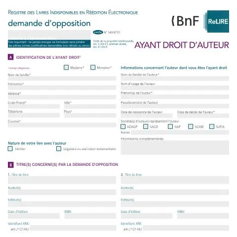 Aperçu du document Demande d'opposition au registre des livres indisponibles — Démarches administratives (CERFA n°14916*01)