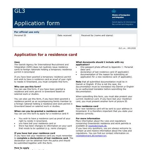Document preview: Guide til indrejsekort til Grønland med GL3-formularen — Immigration & visa (CERFA n°GL3)