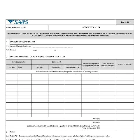 Document preview: Understanding the DA 199 22 Form for Import Rebates — Customs & trade (CERFA n°DA 199 22)