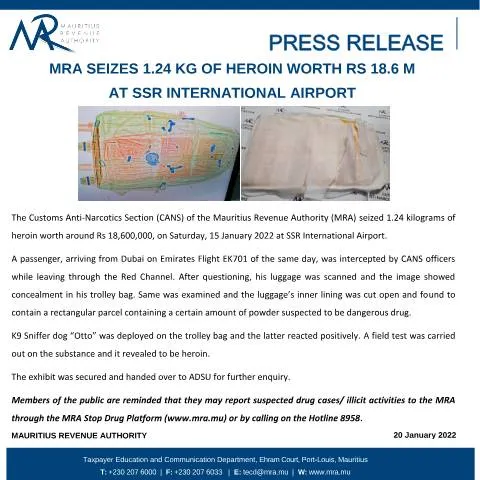 Document preview: Significance of MRA's Heroin Seizure at SSR International Airport — Government & admin (PressRelease200122)
